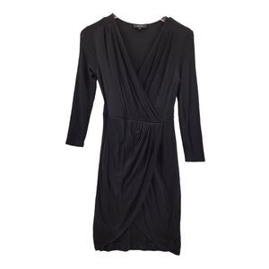 Aritzia Babaton Dress Size XS Faux Wrap Midi Black Tulip Hem 3/4 Sleeves Viscose